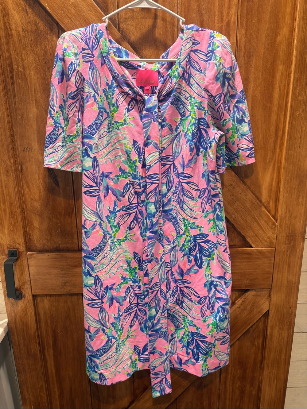 Lilly Pulitzer Pink Tropical Tie-Neck Shift Dress Large